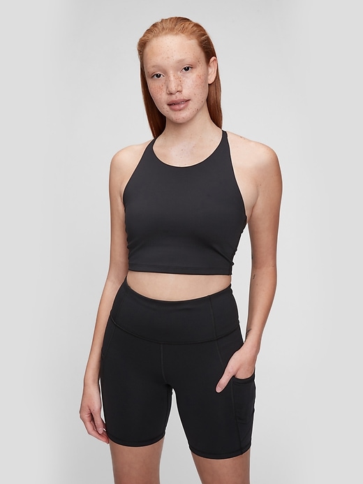 1 of 8 showing, with the color true black of product GapFit Power Longline Sports Bra
