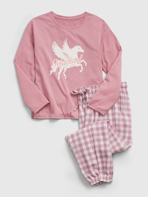 1 of 8 showing, with the color pink of product Kids 100% Recycled Unicorn Graphic PJ Set