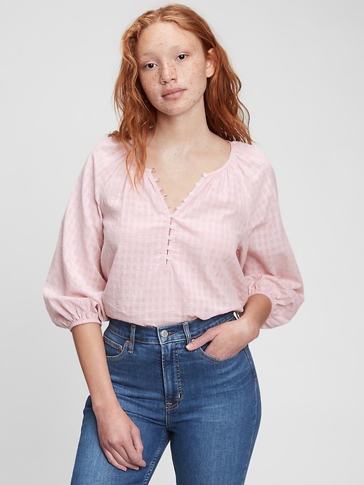 1 of 8 showing, with the color purple lilac of product Three-Quarter Sleeve Button-Front Top