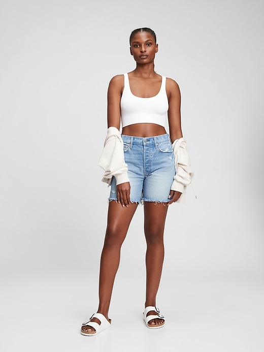 1 of 8 showing, with the color light indigo of product High Rise Cheeky Midi Shorts