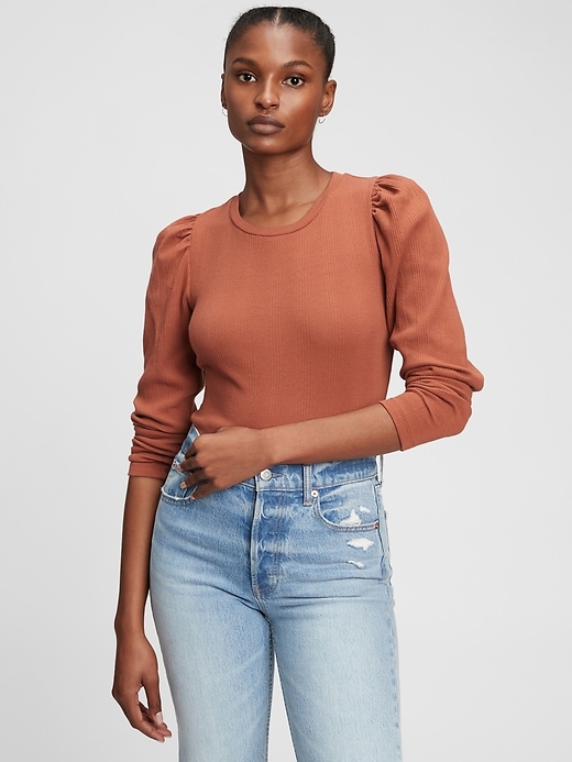 1 of 8 showing, with the color saddle brown of product Puff-Sleeve Bodysuit