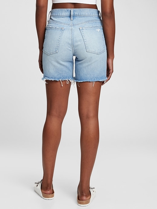2 of 8 showing, with the color light indigo of product High Rise Cheeky Midi Shorts