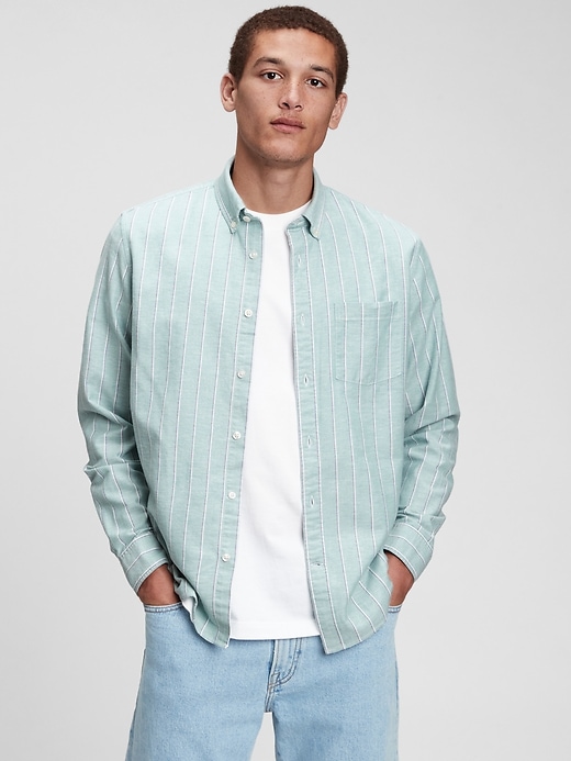 1 of 8 showing, with the color green stripe of product Oxford Shirt in Untucked Fit