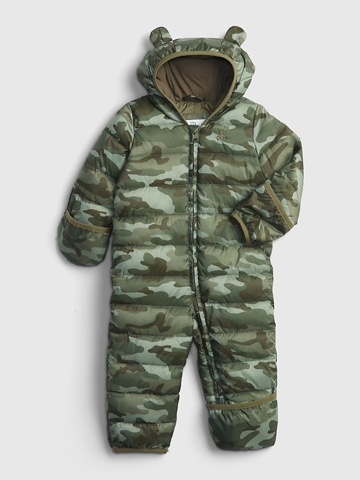 1 of 8 showing, with the color olive green camo of product Baby ColdControl Puffer One-Piece