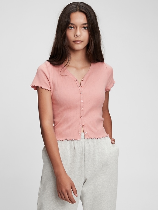Image number 5 showing, Teen Pointelle V-Neck Button-Front T-Shirt