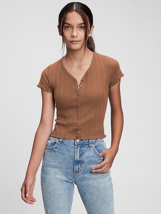 Image number 3 showing, Teen Pointelle V-Neck Button-Front T-Shirt