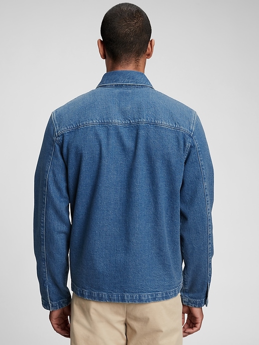 2 of 8 showing, with the color medium indigo of product Denim Zipper-Front Jacket