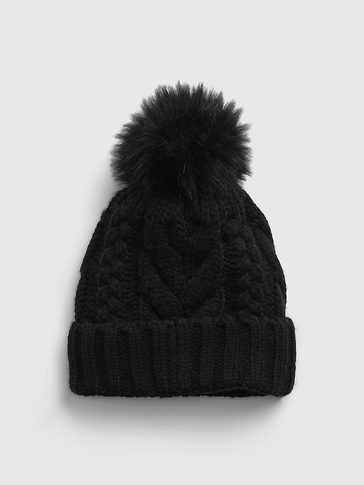 1 of 8 showing, with the color true black of product Kids Cable Knit Pompom Beanie