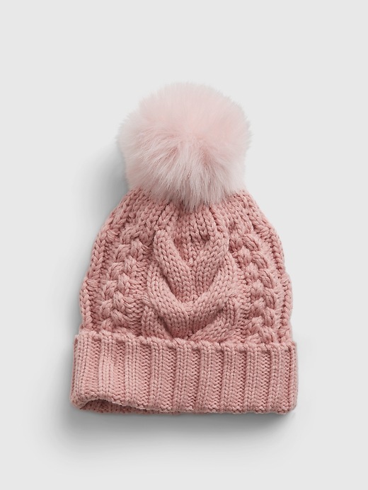 1 of 8 showing, with the color ANTIQUE PINK of product Kids Cable Knit Pompom Beanie