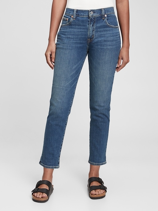 1 of 8 showing, with the color dark indigo of product Mid Rise Girlfriend Jeans With Washwell™