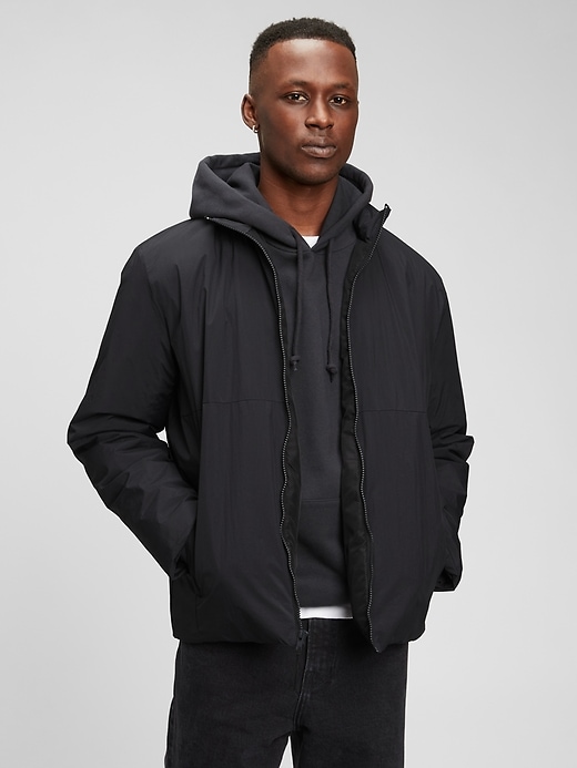 1 of 8 showing, with the color true black of product Recycled Nylon Zipper-Front Puffer Jacket