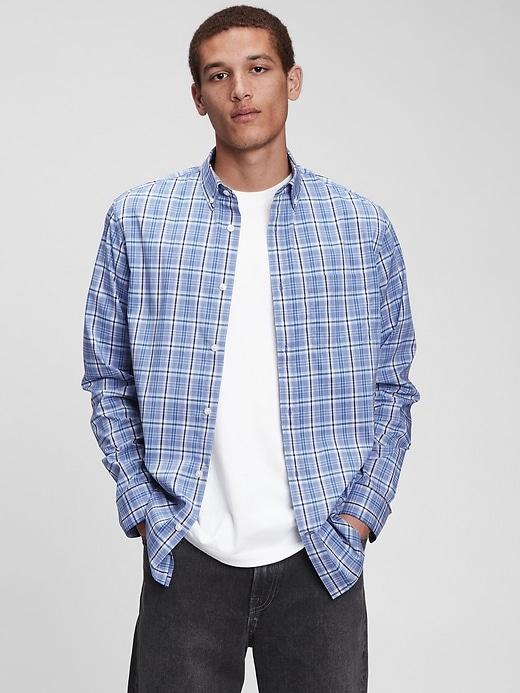 1 of 8 showing, with the color blue plaid of product Performance Poplin Shirt