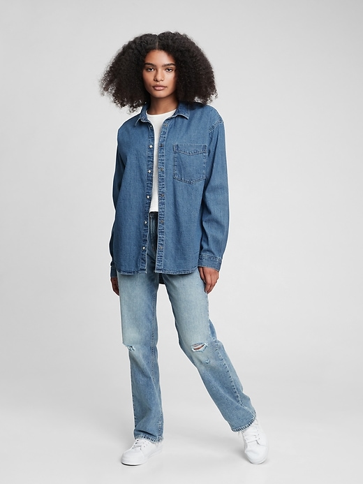 1 of 8 showing, with the color medium wash of product Teen Oversized Denim Shirt