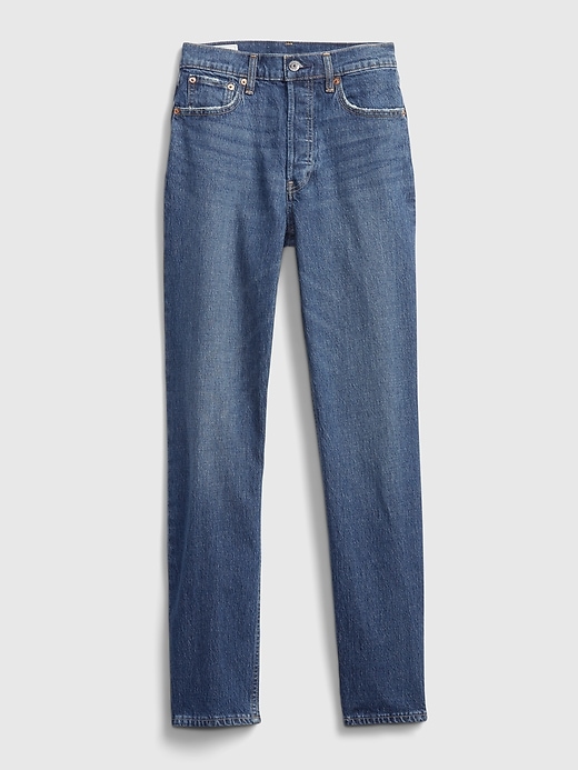 1 of 8 showing, with the color medium indigo of product High Rise Cheeky Straight Jeans