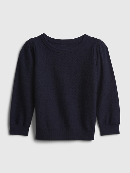 1 of 8 showing, with the color navy blue uniform of product Toddler Pleated Sleeve Crewneck Sweater