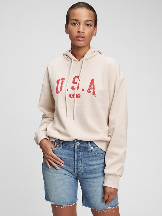 1 of 8 showing, with the color oyster beige of product Gap Arch Logo Hoodie
