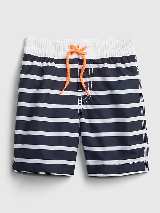 View large product image 1 of 3. Toddler 100% Recycled Breton Stripe Swim Trunks