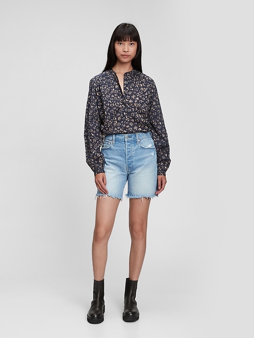 1 of 8 showing, with the color navy blue print of product Shirred Popover Shirt