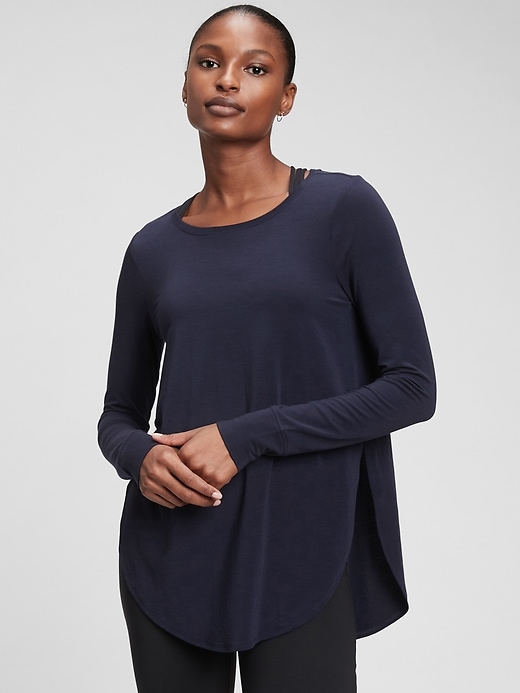 1 of 8 showing, with the color navy blue of product GapFit Breathe Hi-Lo Tunic