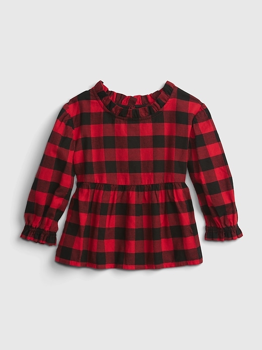 1 of 8 showing, with the color buffalo plaid of product Toddler Plaid Ruffle Peplum Top