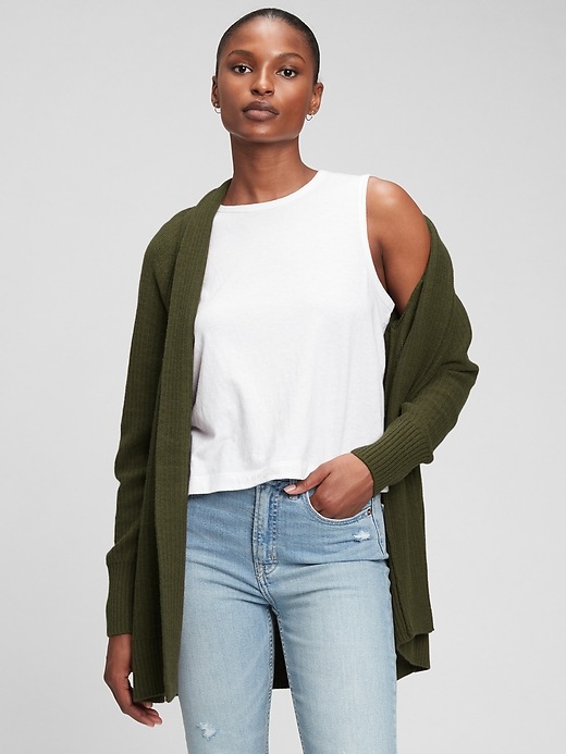 Olive green open front cardigan sale