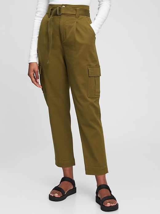 View large product image 1 of 1. High Rise Belted Cargo Khaki Pants