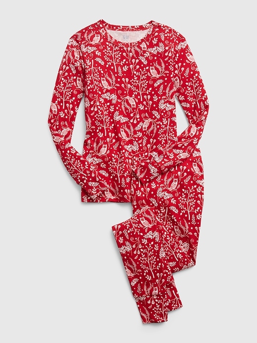 1 of 8 showing, with the color modern red of product Kids Organic Cotton Owl Graphic PJ Set