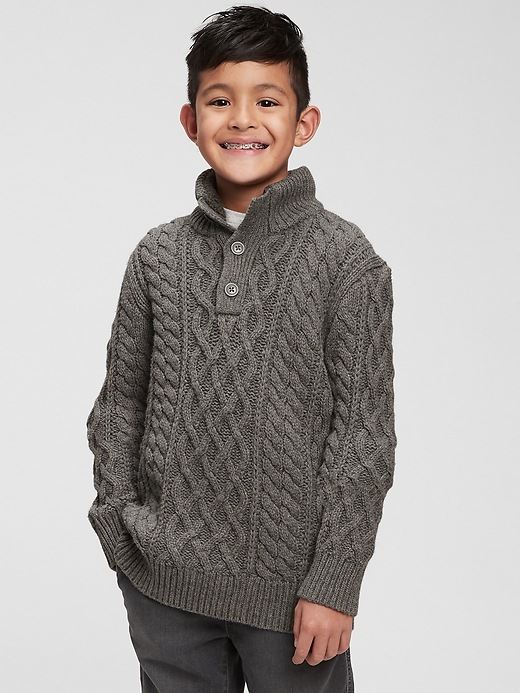 2 of 8 showing, with the color grey heather of product Kids Mockneck Cable-Knit Sweater