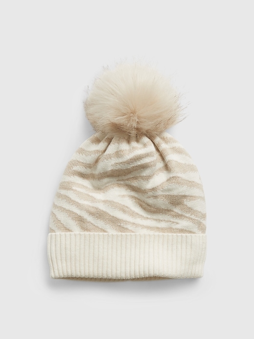 1 of 8 showing, with the color zebra cream print of product Kids Zebra Pompom Beanie