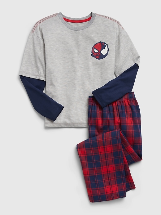 1 of 8 showing, with the color light heather gray of product GapKids &#124 Marvel Spider-Man 100% Recycled Polyester 2-In-1 Graphic PJ Set