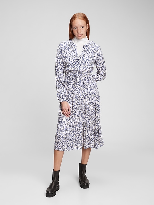 1 of 8 showing, with the color blue floral of product Tiered Midi Dress