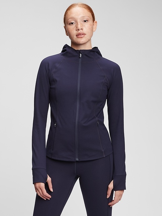 1 of 8 showing, with the color navy blue of product GapFit Recycled Brushed Power Jacket