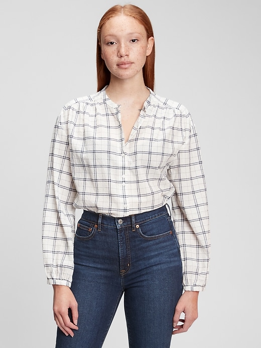 1 of 8 showing, with the color ivory plaid of product Double-Button Plaid Top