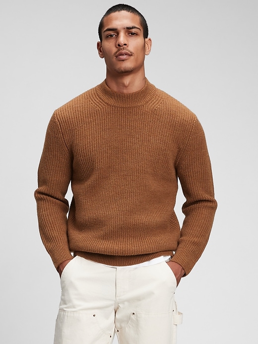 View large product image 1 of 1. Merino Shaker-Stitch Mockneck Sweater