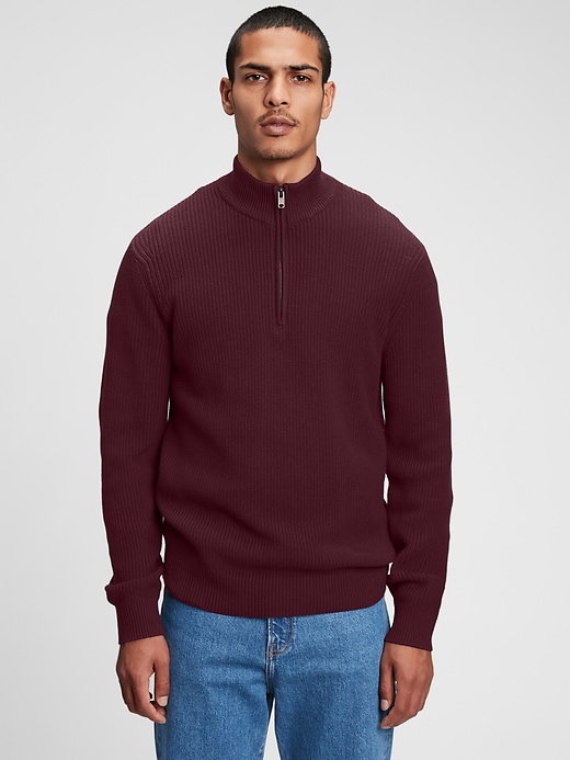 1 of 8 showing, with the color aubergine of product Half-Zip Ribbed Sweater