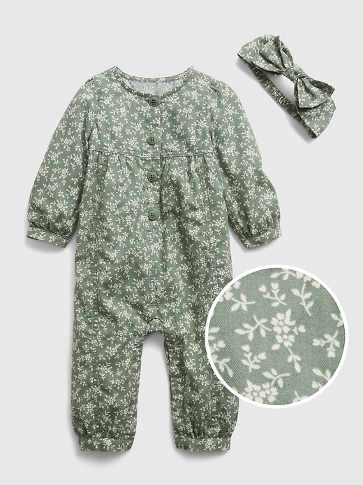 1 of 8 showing, with the color gasoline green of product Baby Print One-Piece Outfit Set