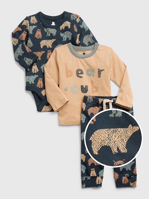 1 of 8 showing, with the color bear of product Baby 100% Organic Cotton Mix and Match 3-Piece Outfit Set