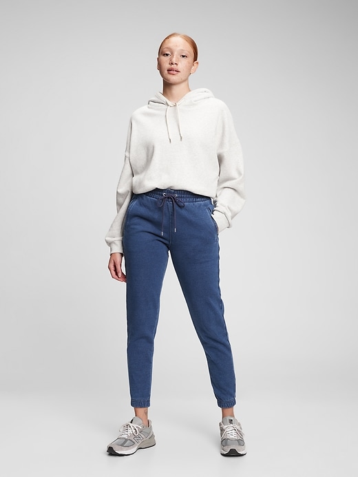 1 of 8 showing, with the color dark indigo of product Brushed Denim Joggers
