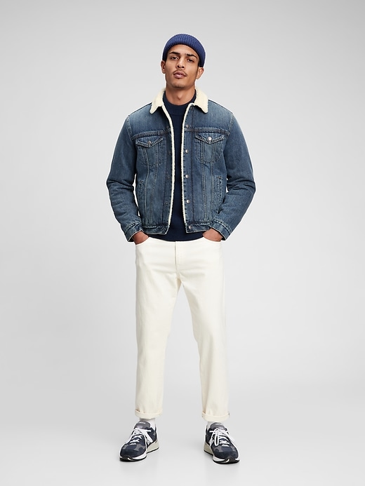 1 of 8 showing, with the color medium indigo of product Denim Sherpa Icon Jacket