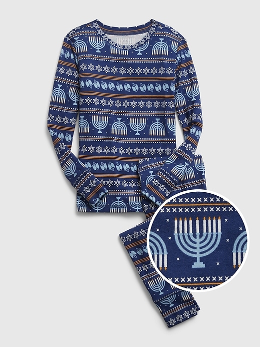1 of 8 showing, with the color family matching blue Hanukkah print of product Kids 100% Organic Cotton Hanukkah Print PJ Set