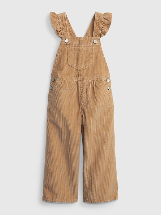 1 of 8 showing, with the color brannan brown of product Toddler Corduroy Ruffle Overalls