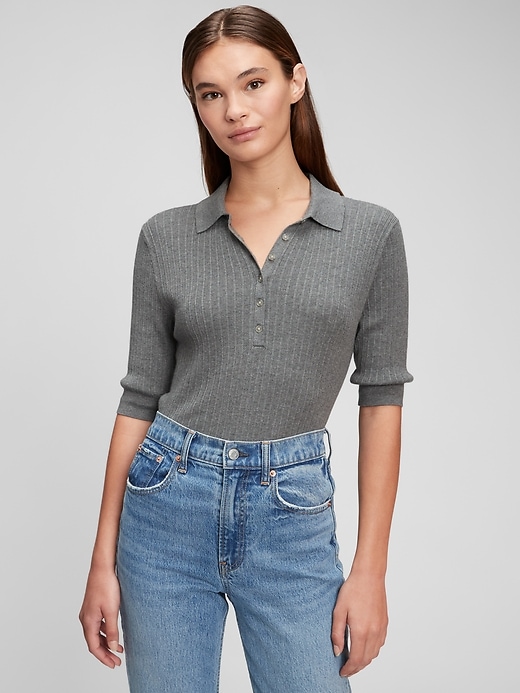 1 of 8 showing, with the color heather grey of product Ribbed Polo Sweater