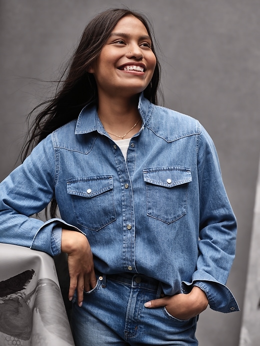 1 of 8 showing, with the color light indigo of product 100% Organic Cotton Denim Western Shirt