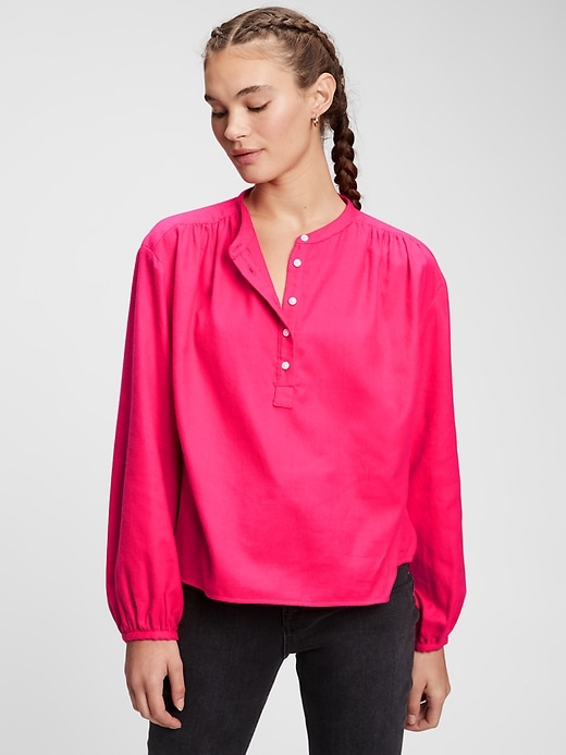 1 of 8 showing, with the color jelly bean pink of product Shirred Henley Top