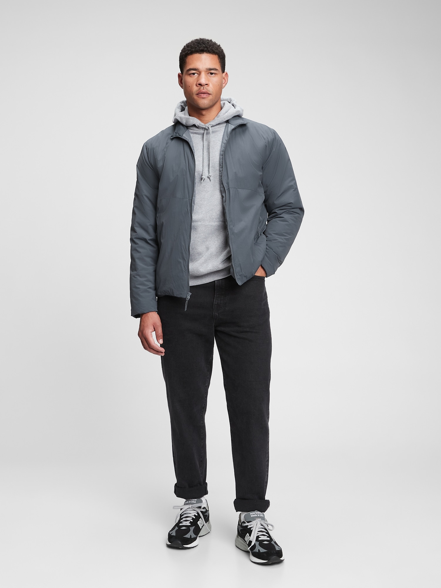 Gap Men's 100% Recycled Nylon Zipper-Front Puffer Jacket (dark gray pearl)