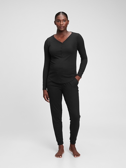 1 of 8 showing, with the color true black of product Maternity Henley Knit Sleep Set