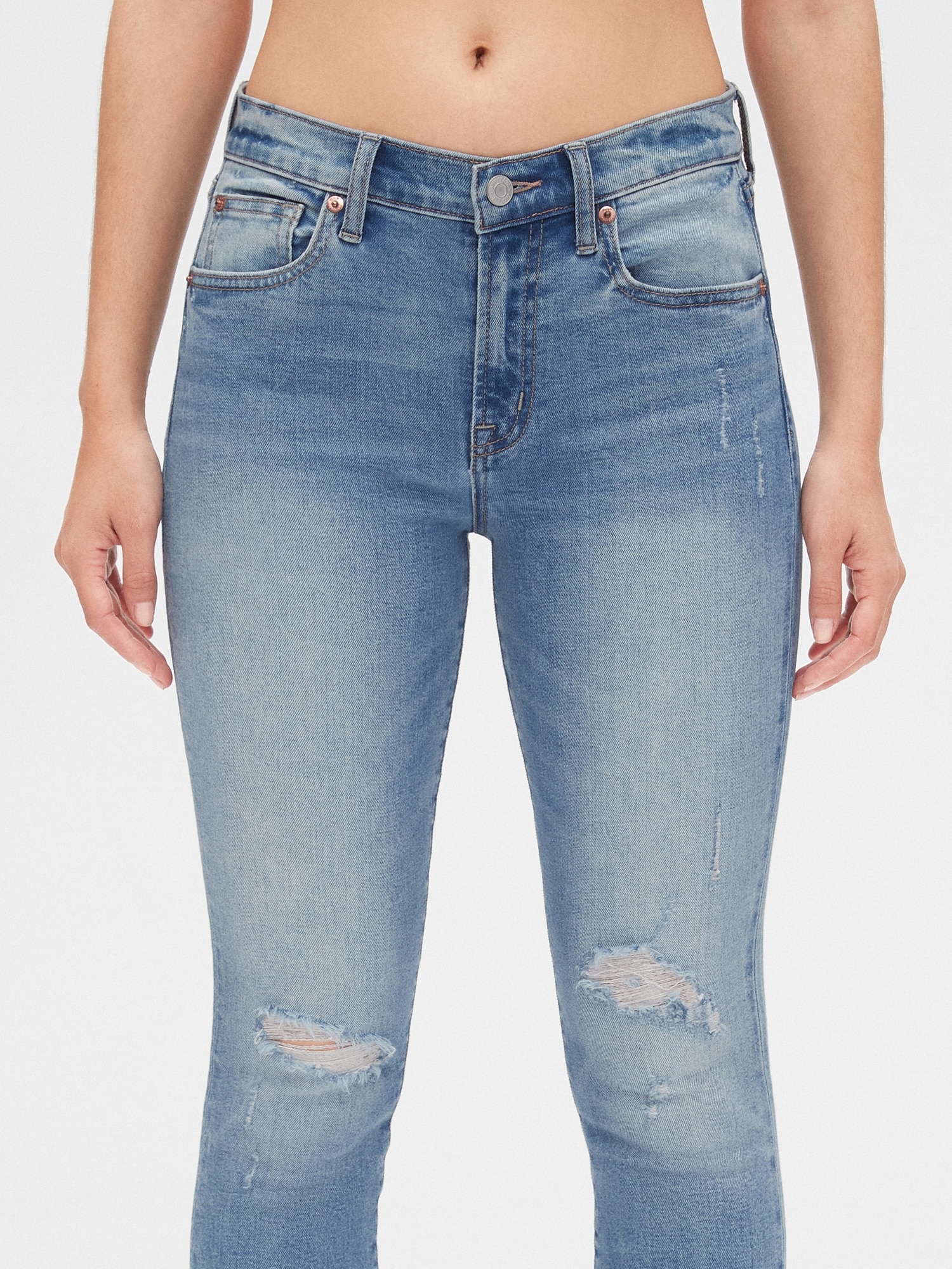 Mid Rise Distressed True Skinny Ankle Jeans