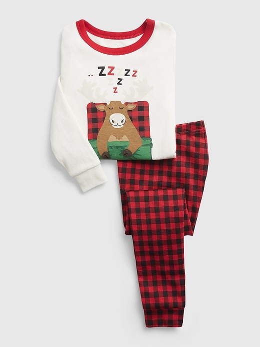 1 of 8 showing, with the color ivory frost beige of product babyGap 100% Organic Cotton Moose Graphic Plaid PJ Set