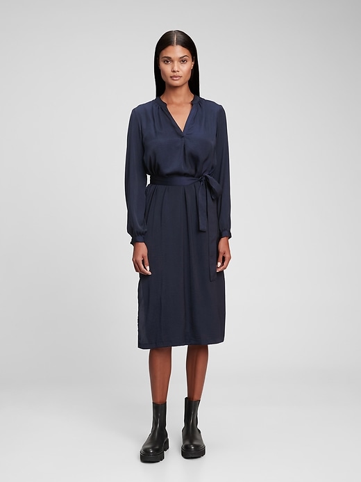 1 of 8 showing, with the color navy blue of product Satin Tie-Belt Dress