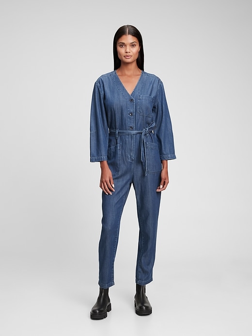 View large product image 1 of 8. Tencel Modal&#15 Denim V-Neck Jumpsuit